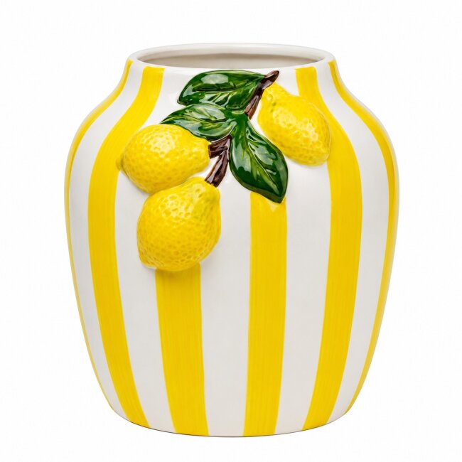 Keramikvase Zitronen &amp; Streifen &ndash; Blumenvase 17 cm im mediterranen Design