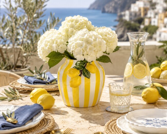 Keramikvase Zitronen &amp; Streifen &ndash; Blumenvase 17 cm im mediterranen Design