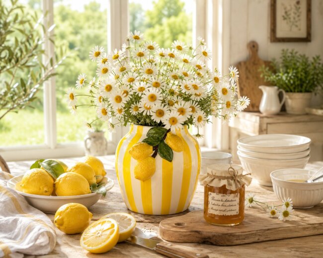 Keramikvase Zitronen &amp; Streifen &ndash; Blumenvase 17 cm im mediterranen Design