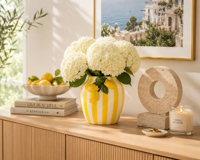 Keramikvase Zitronen &amp; Streifen &ndash; Blumenvase 17 cm im mediterranen Design