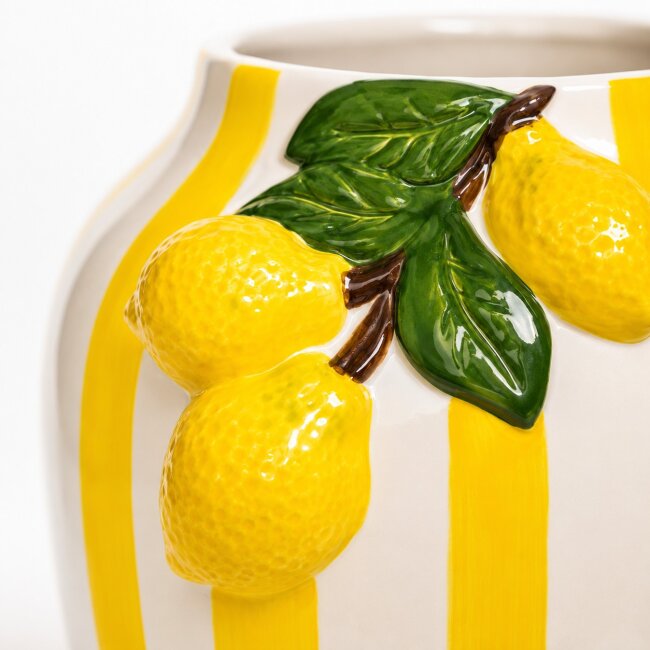 Keramikvase Zitronen &amp; Streifen &ndash; Blumenvase 17 cm im mediterranen Design