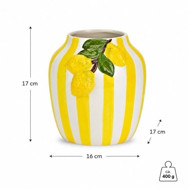 Keramikvase Zitronen &amp; Streifen &ndash; Blumenvase 17 cm im mediterranen Design