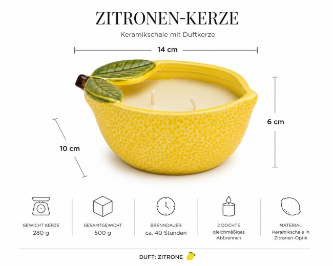 Zitronen-Kerze in Keramikschale &ndash; Dekokerze mit 2 Dochten &ndash; ca. 40 Stunden Brenndauer