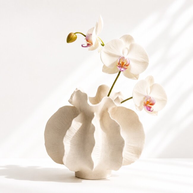Gewellte Keramikvase Wei&szlig; &ndash; Moderne Dekovase 21 &times; 17 cm