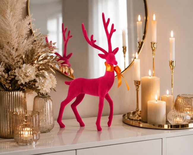 Dekofigur Hirsch aus Samt in Pink H 40 cm