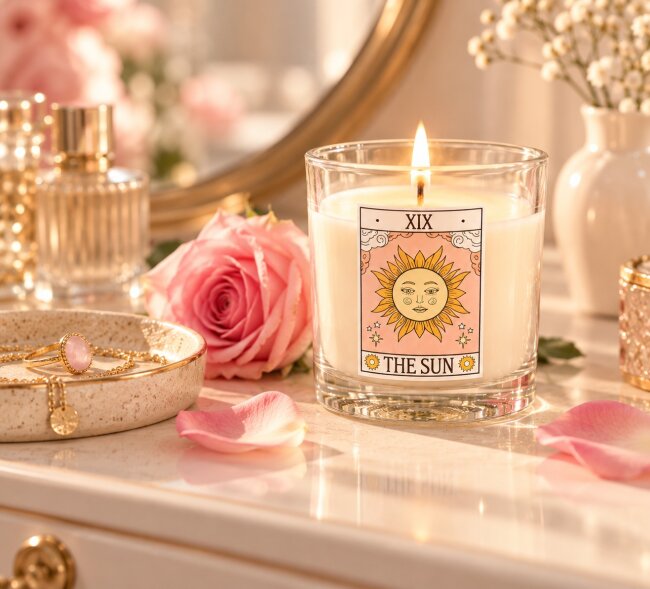 Duftkerze The Sun &ndash; Rose &ndash; Vintage Tarot &ndash; 29 Stunden