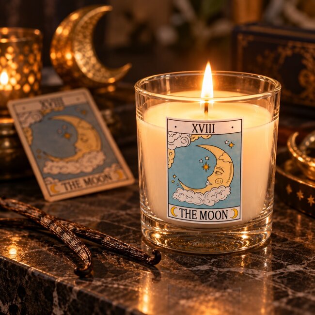 Duftkerze The Moon &ndash; Vanille &ndash; Vintage Tarot &ndash; 29 Stunden