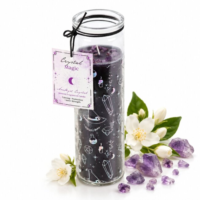 Kristallhexe Duftkerze im Glas &ndash; Jasmin &amp; Amethyst | Vegane Kerze mit Kristallsplittern