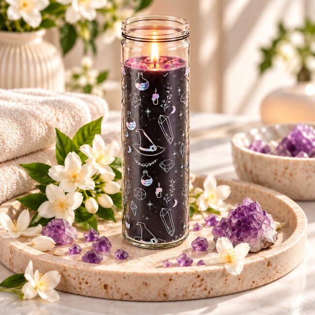 Kristallhexe Duftkerze im Glas &ndash; Jasmin &amp; Amethyst | Vegane Kerze mit Kristallsplittern