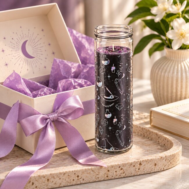 Kristallhexe Duftkerze im Glas &ndash; Jasmin &amp; Amethyst | Vegane Kerze mit Kristallsplittern
