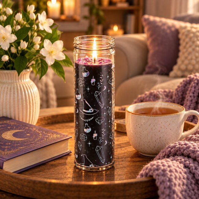 Kristallhexe Duftkerze im Glas &ndash; Jasmin &amp; Amethyst | Vegane Kerze mit Kristallsplittern