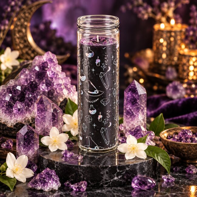 Kristallhexe Duftkerze im Glas &ndash; Jasmin &amp; Amethyst | Vegane Kerze mit Kristallsplittern