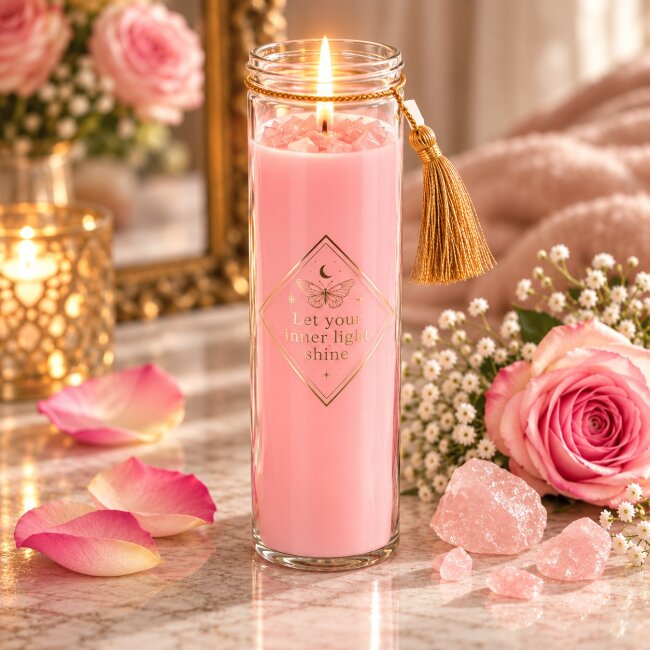Duftkerze Rose mit Rosenquarz &ndash; Rosa Kerze im Glas mit Kristallsplittern | 50 Std.