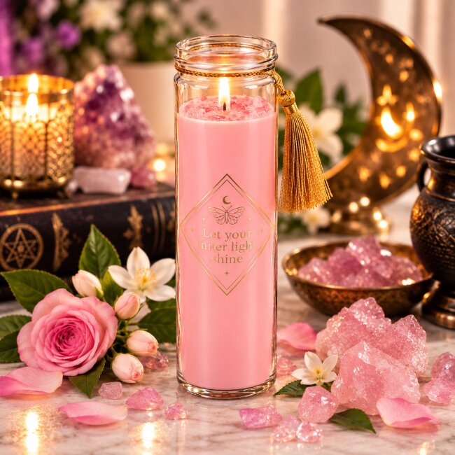 Duftkerze Rose mit Rosenquarz &ndash; Rosa Kerze im Glas mit Kristallsplittern | 50 Std.