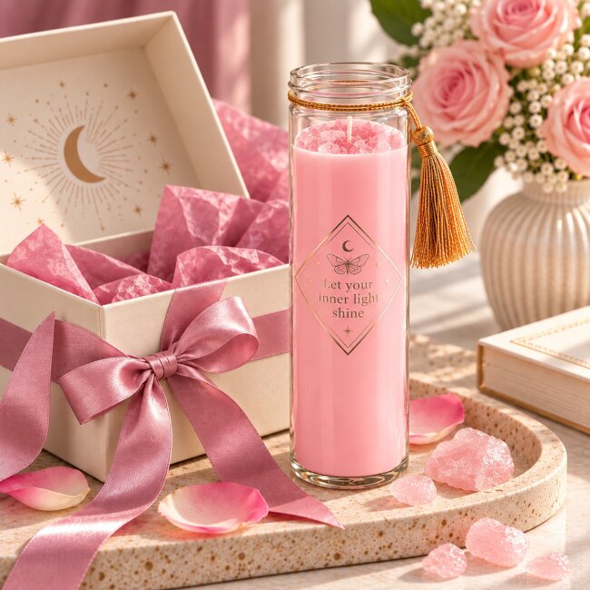 Duftkerze Rose mit Rosenquarz &ndash; Rosa Kerze im Glas mit Kristallsplittern | 50 Std.