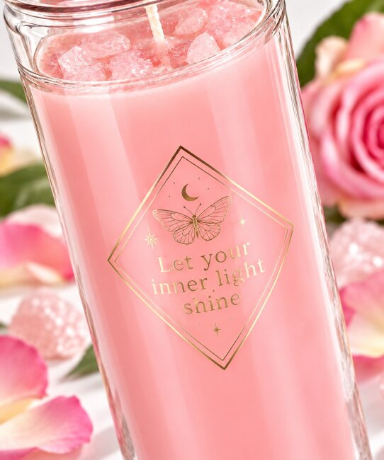 Duftkerze Rose mit Rosenquarz &ndash; Rosa Kerze im Glas mit Kristallsplittern | 50 Std.