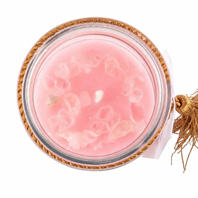 Duftkerze Rose mit Rosenquarz &ndash; Rosa Kerze im Glas mit Kristallsplittern | 50 Std.