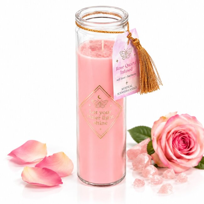 Duftkerze Rose mit Rosenquarz &ndash; Rosa Kerze im Glas mit Kristallsplittern | 50 Std.