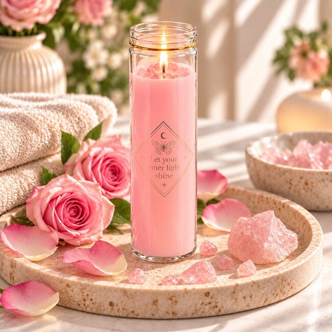 Duftkerze Rose mit Rosenquarz &ndash; Rosa Kerze im Glas mit Kristallsplittern | 50 Std.