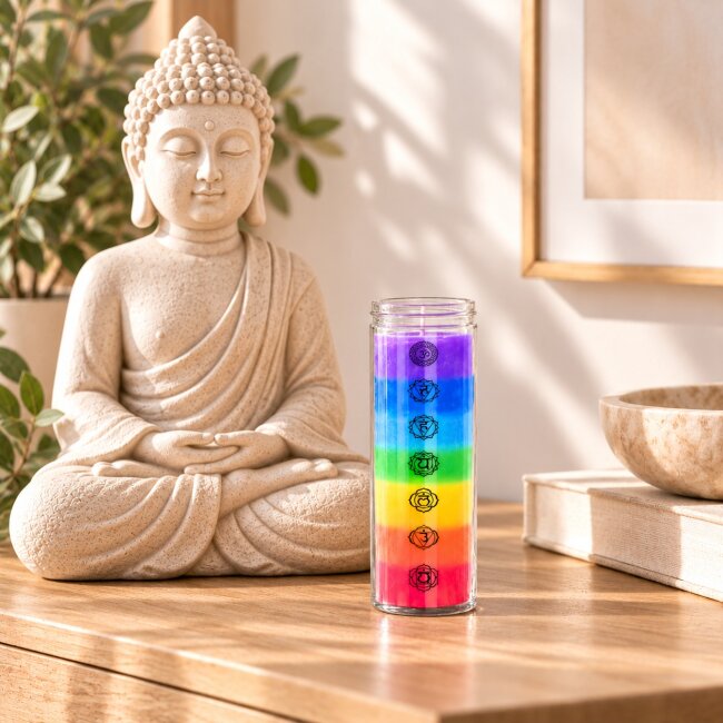 7 Chakra Duftkerze im Glas &ndash; Bunte R&ouml;hrenkerze mit Chakra Symbolen | 65 Stunden