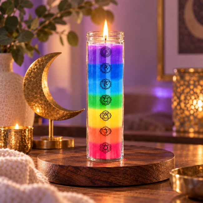 7 Chakra Duftkerze im Glas &ndash; Bunte R&ouml;hrenkerze mit Chakra Symbolen | 65 Stunden