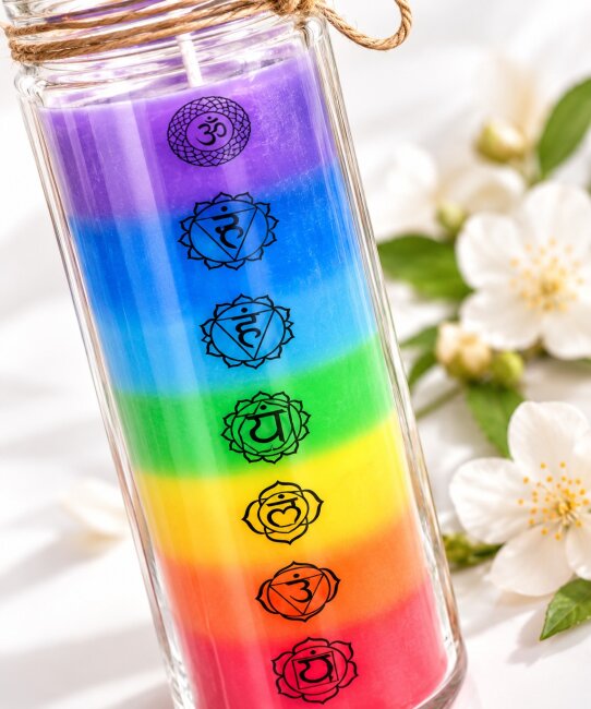 7 Chakra Duftkerze im Glas &ndash; Bunte R&ouml;hrenkerze mit Chakra Symbolen | 65 Stunden