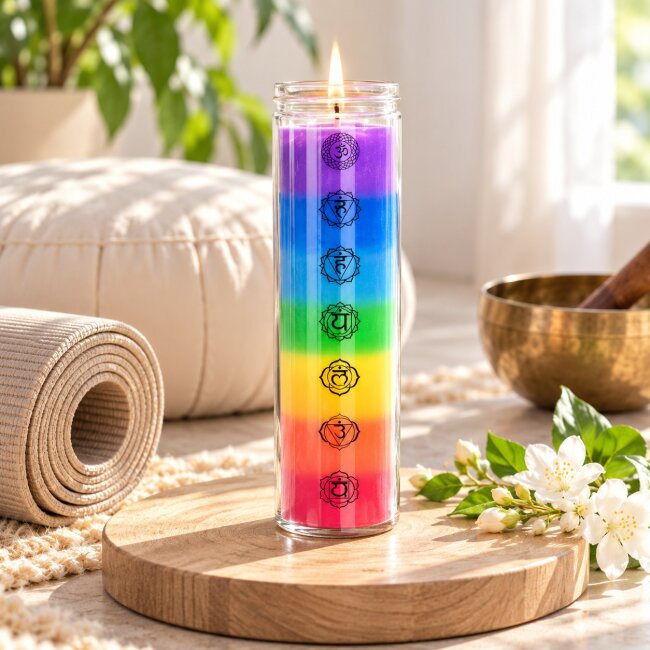 7 Chakra Duftkerze im Glas &ndash; Bunte R&ouml;hrenkerze mit Chakra Symbolen | 65 Stunden