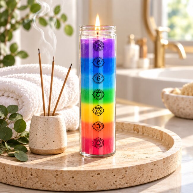 7 Chakra Duftkerze im Glas &ndash; Bunte R&ouml;hrenkerze mit Chakra Symbolen | 65 Stunden