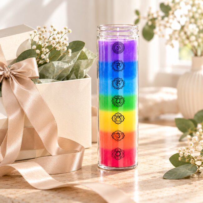 7 Chakra Duftkerze im Glas &ndash; Bunte R&ouml;hrenkerze mit Chakra Symbolen | 65 Stunden