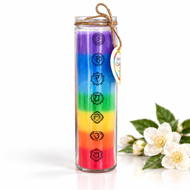 7 Chakra Duftkerze im Glas &ndash; Bunte R&ouml;hrenkerze mit Chakra Symbolen | 65 Stunden