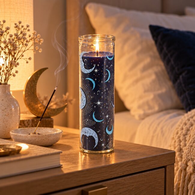 Blue Moon Duftkerze Feige &amp; Vanille im Glas &ndash; R&ouml;hrenkerze mit Mond &amp; Sternen | 55 Stunden