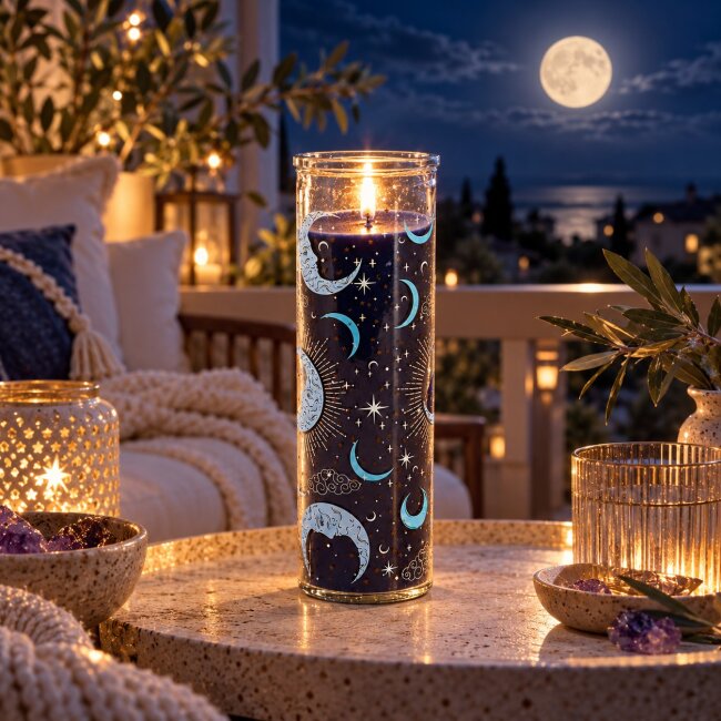 Blue Moon Duftkerze Feige &amp; Vanille im Glas &ndash; R&ouml;hrenkerze mit Mond &amp; Sternen | 55 Stunden