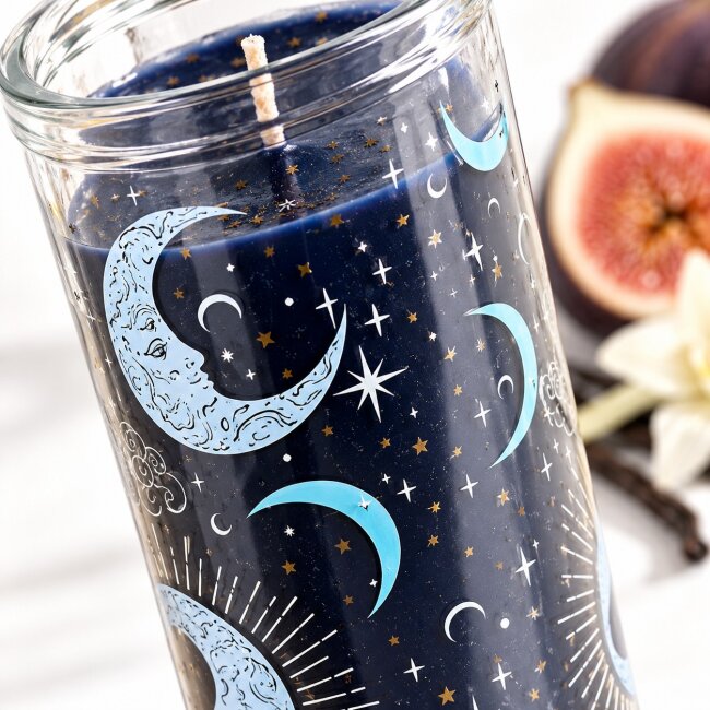Blue Moon Duftkerze Feige &amp; Vanille im Glas &ndash; R&ouml;hrenkerze mit Mond &amp; Sternen | 55 Stunden