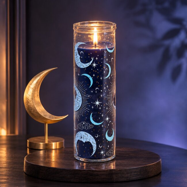 Blue Moon Duftkerze Feige &amp; Vanille im Glas &ndash; R&ouml;hrenkerze mit Mond &amp; Sternen | 55 Stunden