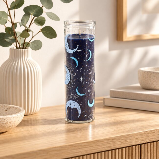Blue Moon Duftkerze Feige &amp; Vanille im Glas &ndash; R&ouml;hrenkerze mit Mond &amp; Sternen | 55 Stunden