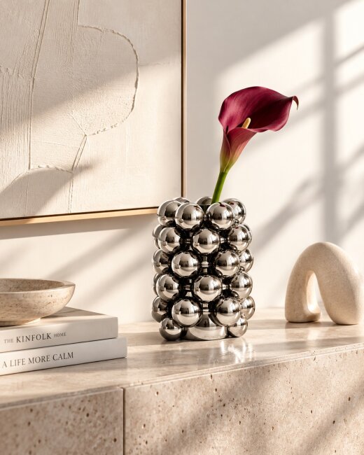 Blumenvase Bubble Silber aus Porzellan &ndash; Moderne Designvase mit Kugelstruktur &ndash; 17 cm