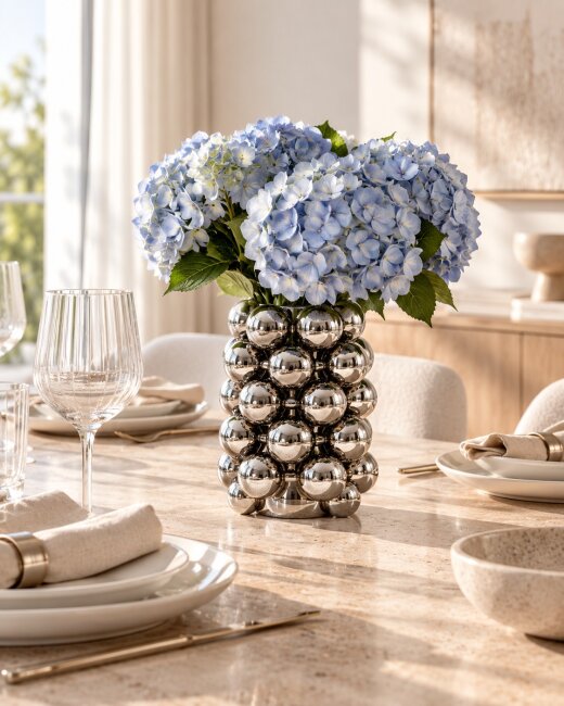 Blumenvase Bubble Silber aus Porzellan &ndash; Moderne Designvase mit Kugelstruktur &ndash; 17 cm