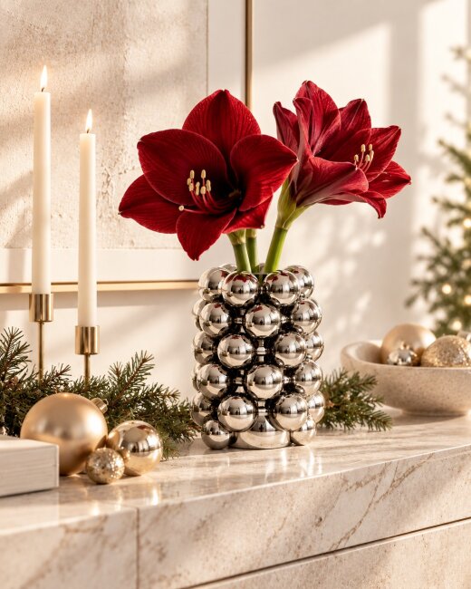 Blumenvase Bubble Silber aus Porzellan &ndash; Moderne Designvase mit Kugelstruktur &ndash; 17 cm