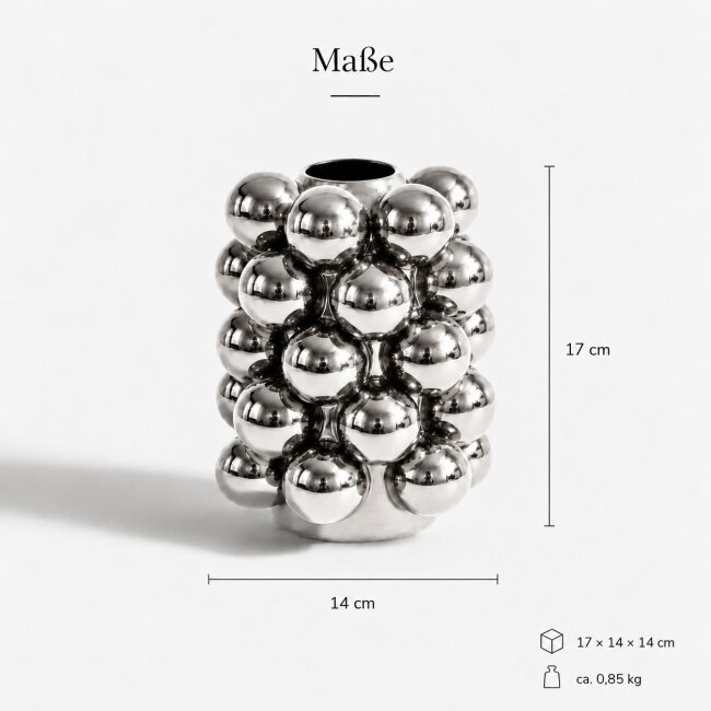 Blumenvase Bubble Silber aus Porzellan &ndash; Moderne Designvase mit Kugelstruktur &ndash; 17 cm