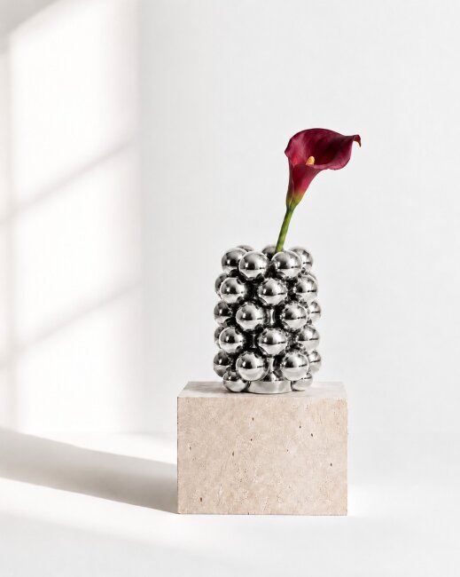 Blumenvase Bubble Silber aus Porzellan &ndash; Moderne Designvase mit Kugelstruktur &ndash; 17 cm