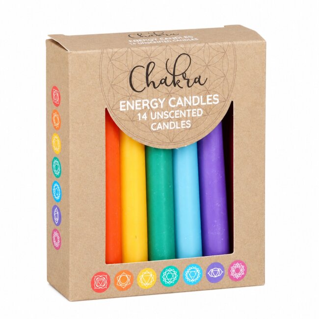 Chakra Kerzen Set &ndash; 7 Farben f&uuml;r Yoga, Meditation &amp; Reiki | Unparf&uuml;mierte Energiekerzen 14 Stk.