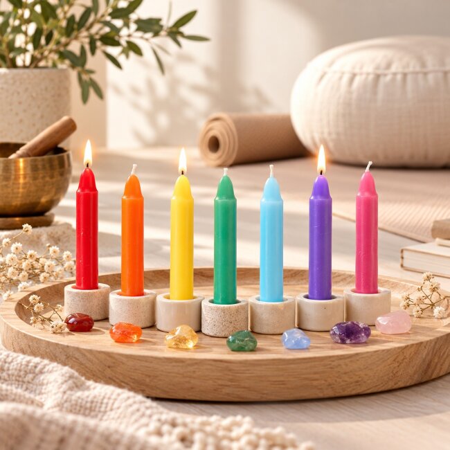 Chakra Kerzen Set &ndash; 7 Farben f&uuml;r Yoga, Meditation &amp; Reiki | Unparf&uuml;mierte Energiekerzen 14 Stk.