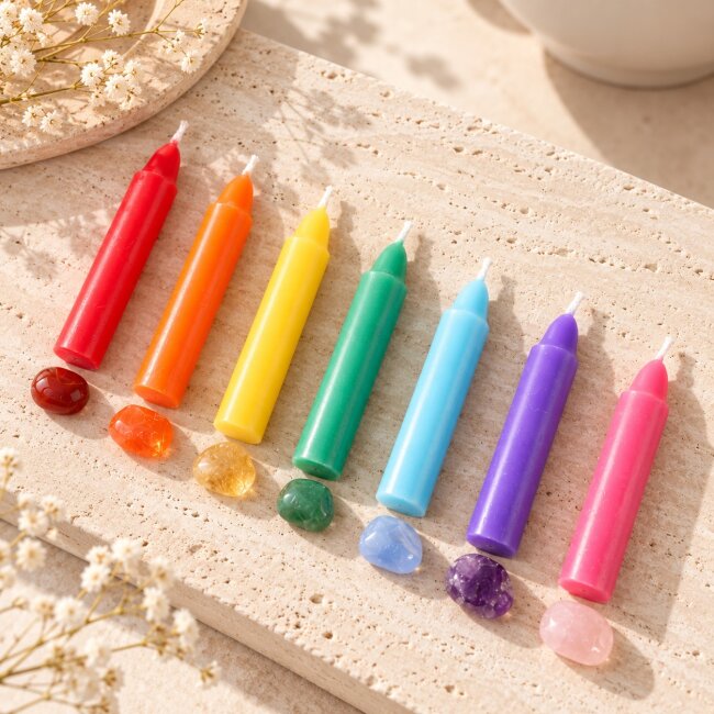 Chakra Kerzen Set &ndash; 7 Farben f&uuml;r Yoga, Meditation &amp; Reiki | Unparf&uuml;mierte Energiekerzen 14 Stk.