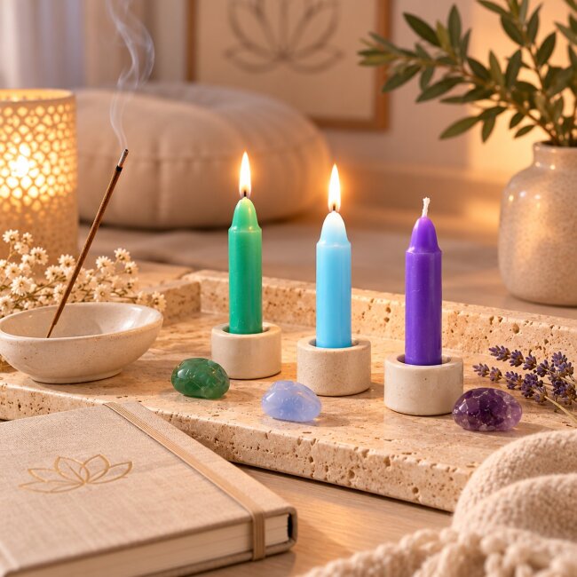 Chakra Kerzen Set &ndash; 7 Farben f&uuml;r Yoga, Meditation &amp; Reiki | Unparf&uuml;mierte Energiekerzen 14 Stk.