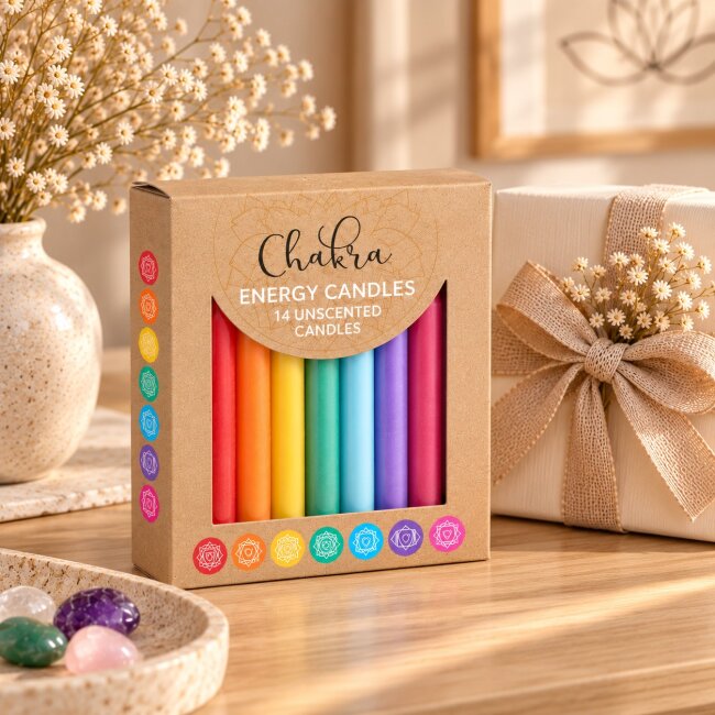 Chakra Kerzen Set &ndash; 7 Farben f&uuml;r Yoga, Meditation &amp; Reiki | Unparf&uuml;mierte Energiekerzen 14 Stk.